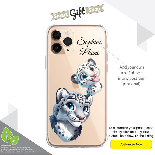 Snow Leopard Custom Cartoon Phone Case Personalised CLEAR Cute Family Splatter Phone Cover Case for iPhone 16 15 14 13 12 11