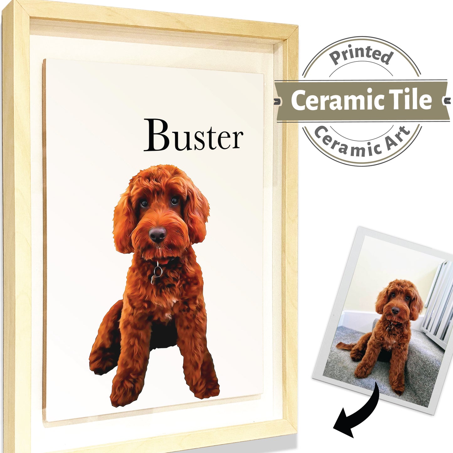 Pet Portrait Personalised Print CERAMIC TILE (40x30cm) Custom Artwork Brush Painting Picture Framed Tile Ceramic Art - Pet Dog Cat Horse Animal