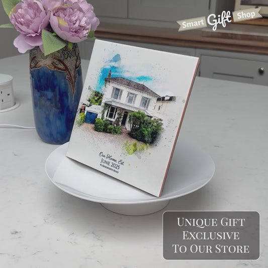 Personalised New Home / House Watercolour Style Artwork on Mounted Ceramic Tile