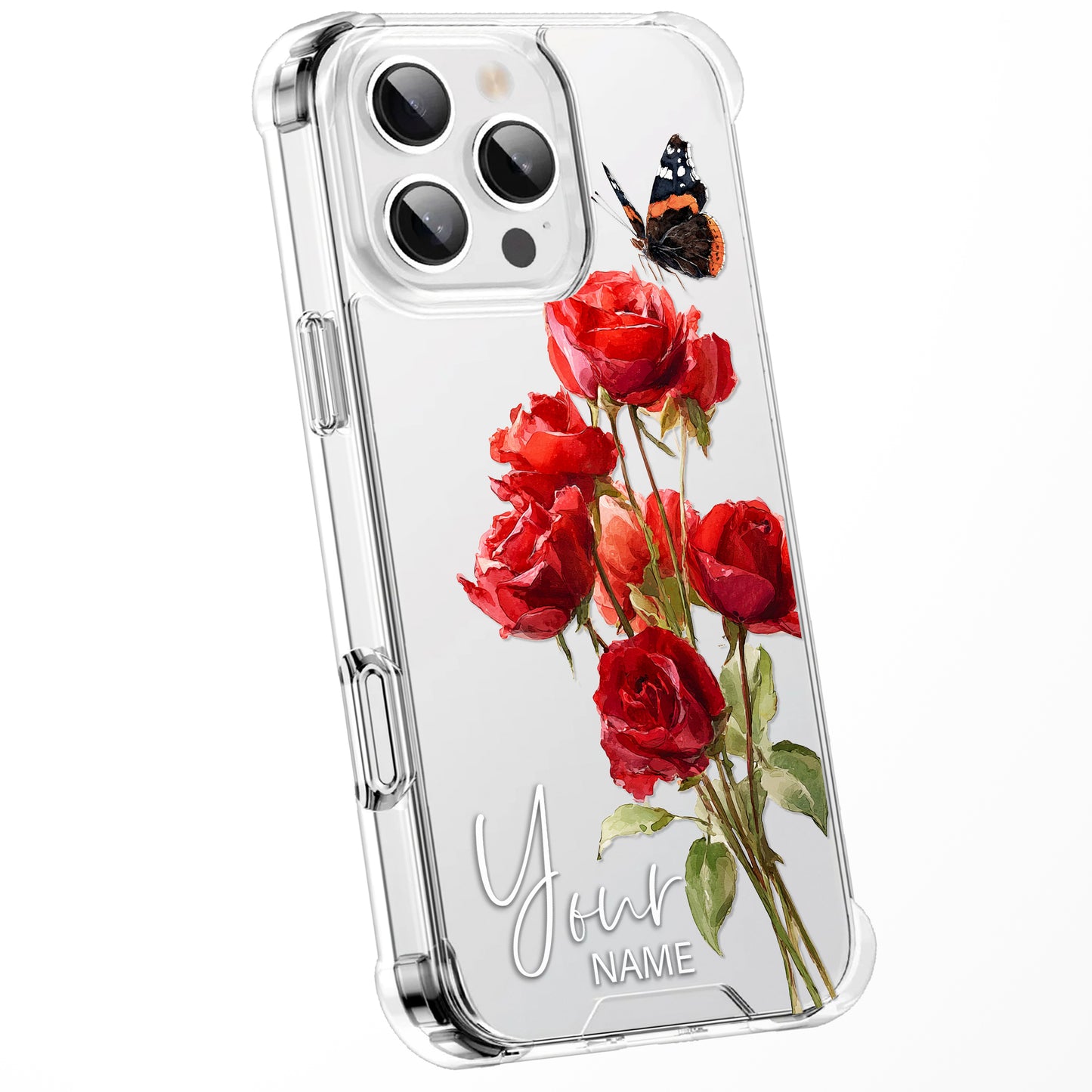 Personalised Floral Phone Case Custom Watercolour Pressed Flowers Luxury Cover, CLEAR Cover Roses iPhone 16 15 13 12 11 Plus Pro Samsung