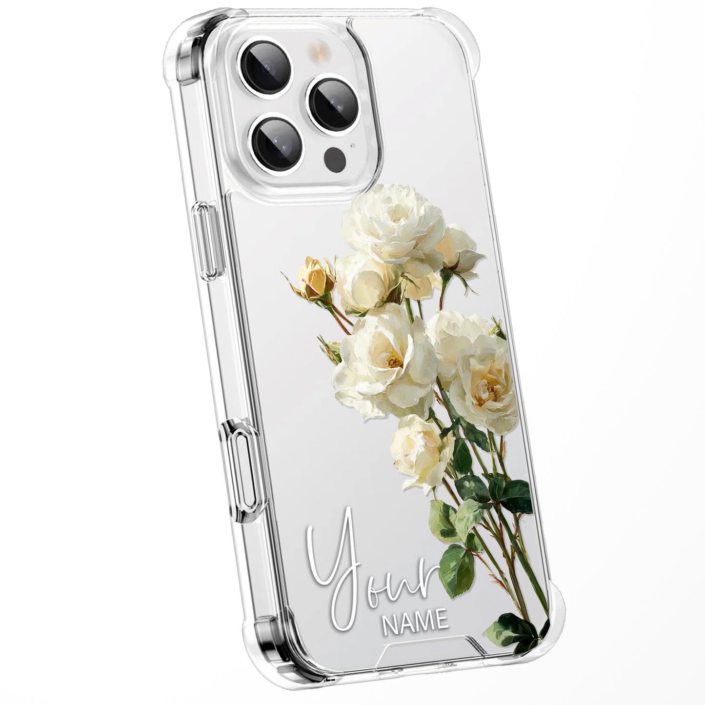 Personalised Floral Phone Case Custom Watercolour Pressed Flowers Luxury Cover, CLEAR Cover Roses iPhone 16 15 13 12 11 Plus Pro Samsung