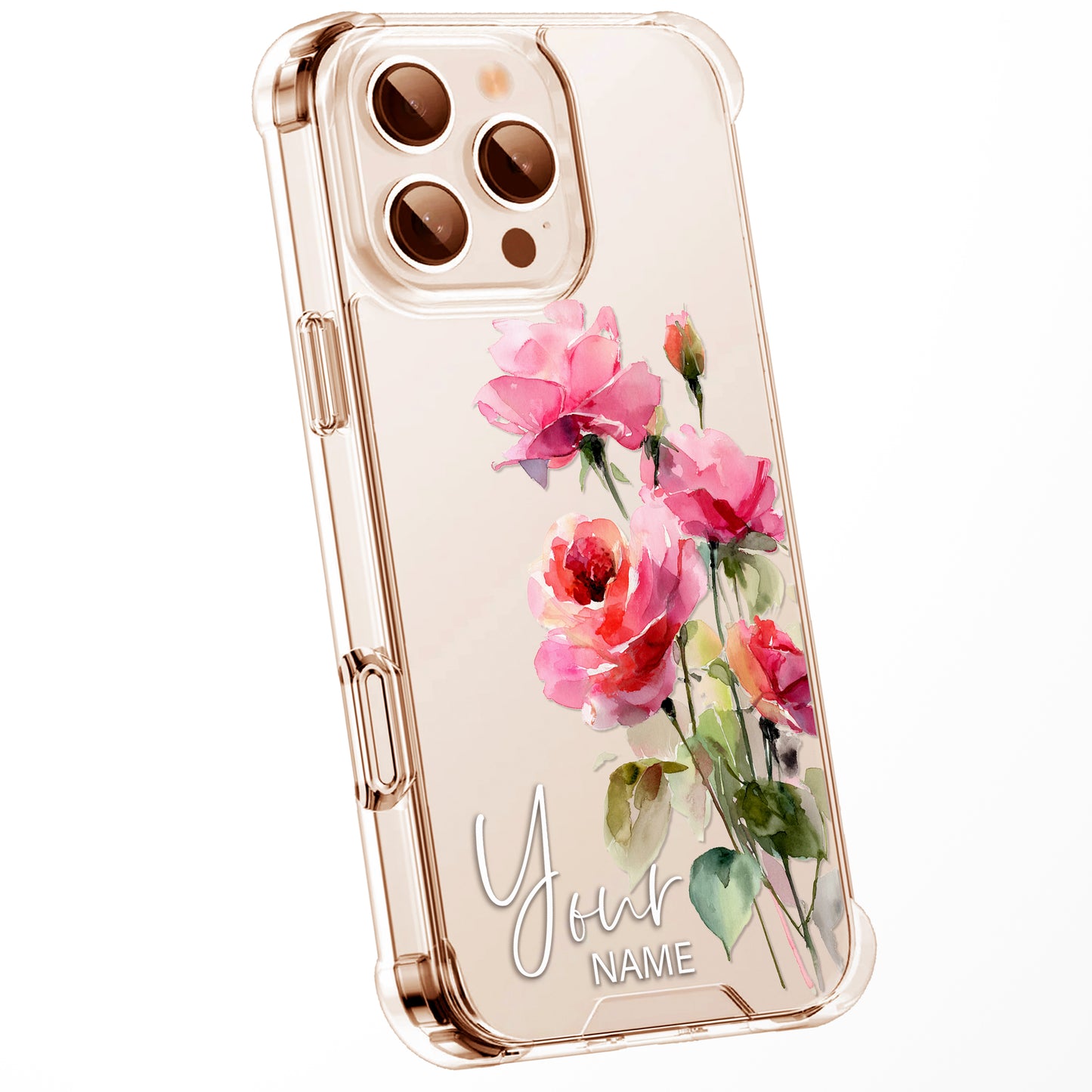 Personalised Floral Phone Case Custom Watercolour Pressed Flowers Luxury Cover, CLEAR Cover Roses iPhone 16 15 13 12 11 Plus Pro Samsung