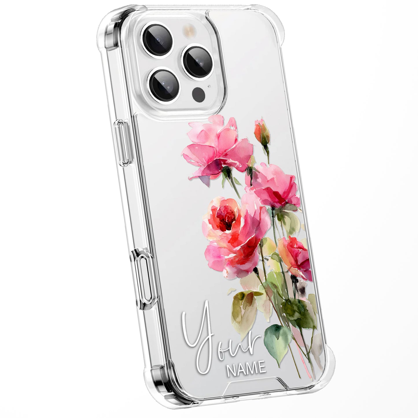 Personalised Floral Phone Case Custom Watercolour Pressed Flowers Luxury Cover, CLEAR Cover Roses iPhone 16 15 13 12 11 Plus Pro Samsung