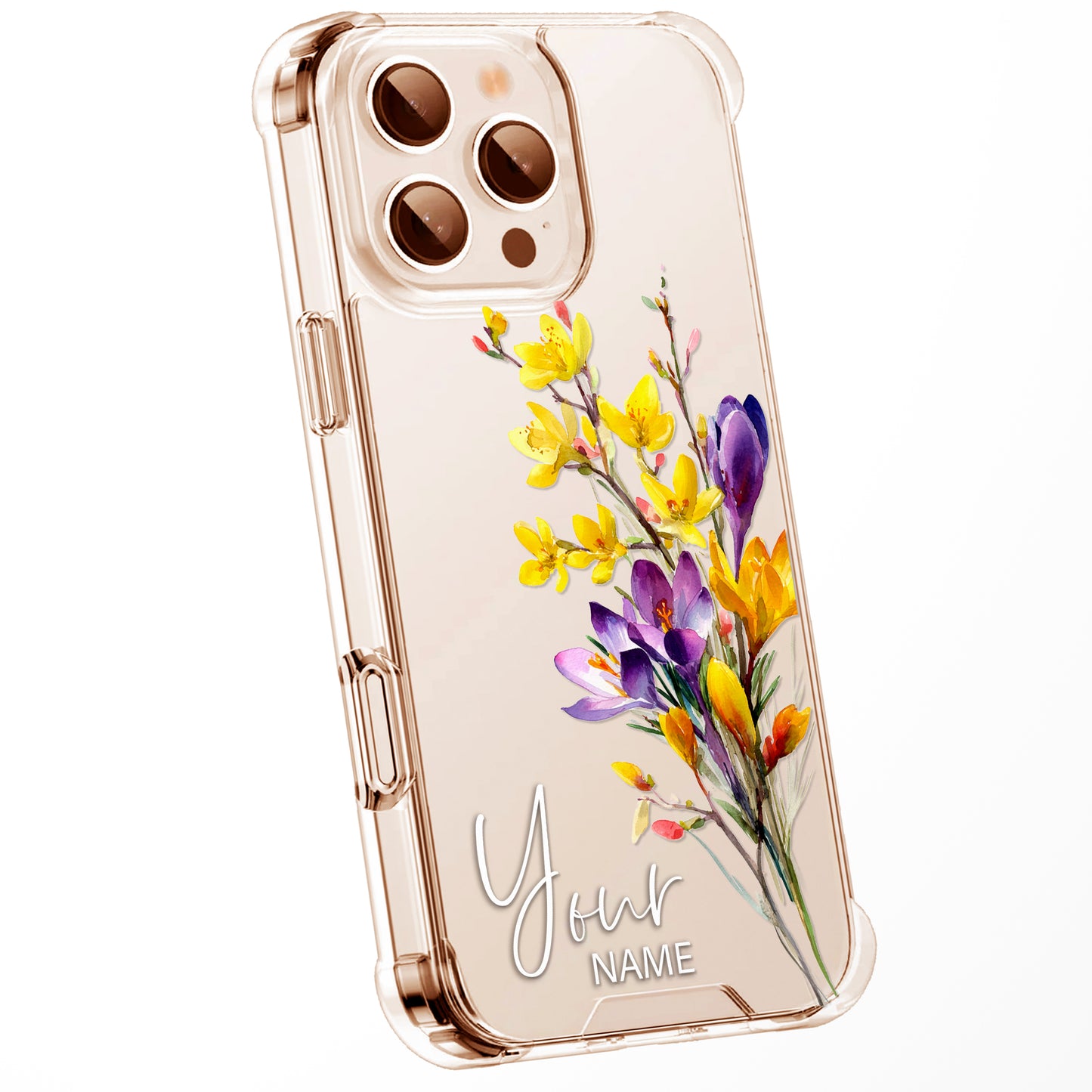 Personalised Floral Phone Case Custom Watercolour Pressed Flowers Luxury Cover, CLEAR Cover Roses iPhone 16 15 13 12 11 Plus Pro Samsung