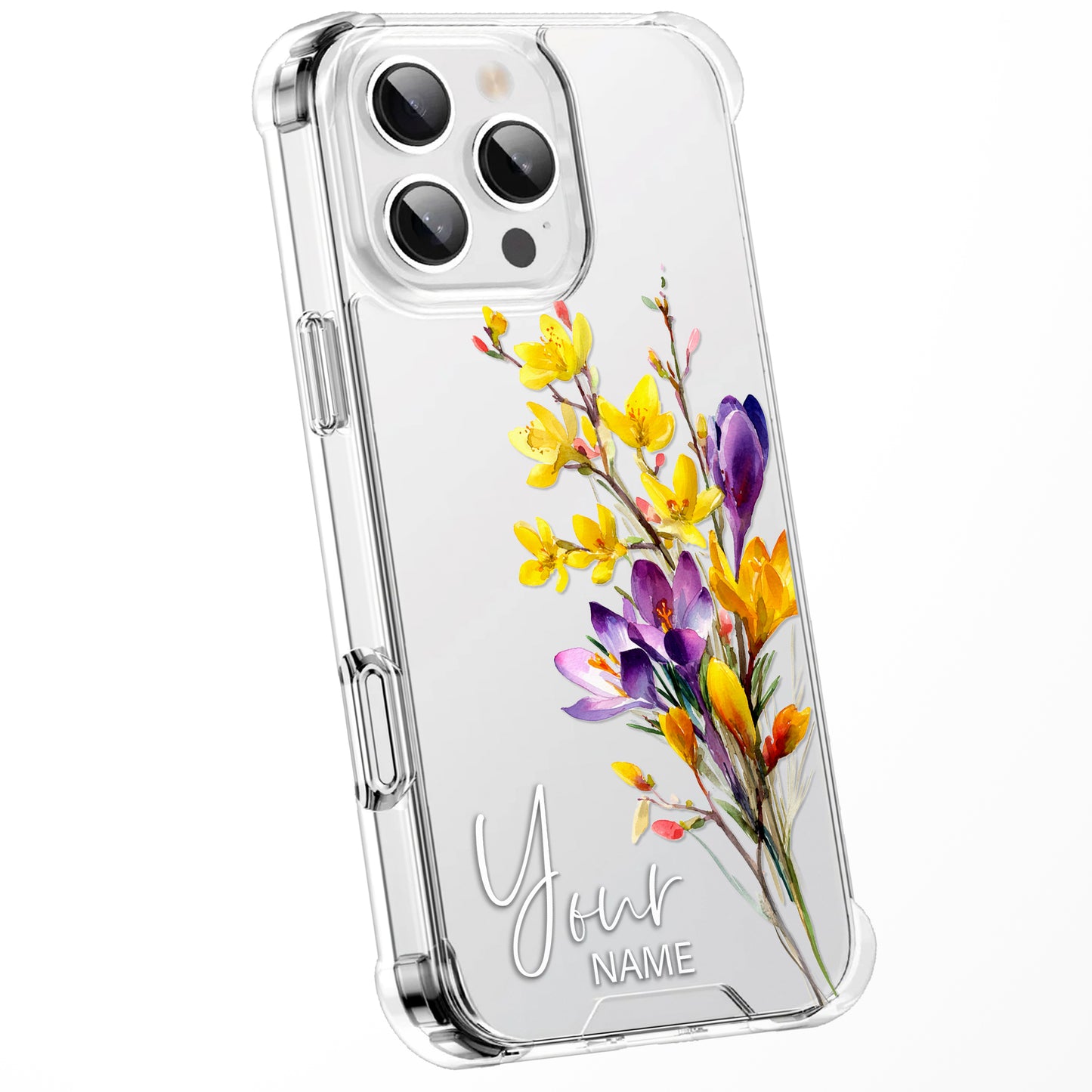 Personalised Floral Phone Case Custom Watercolour Pressed Flowers Luxury Cover, CLEAR Cover Roses iPhone 16 15 13 12 11 Plus Pro Samsung