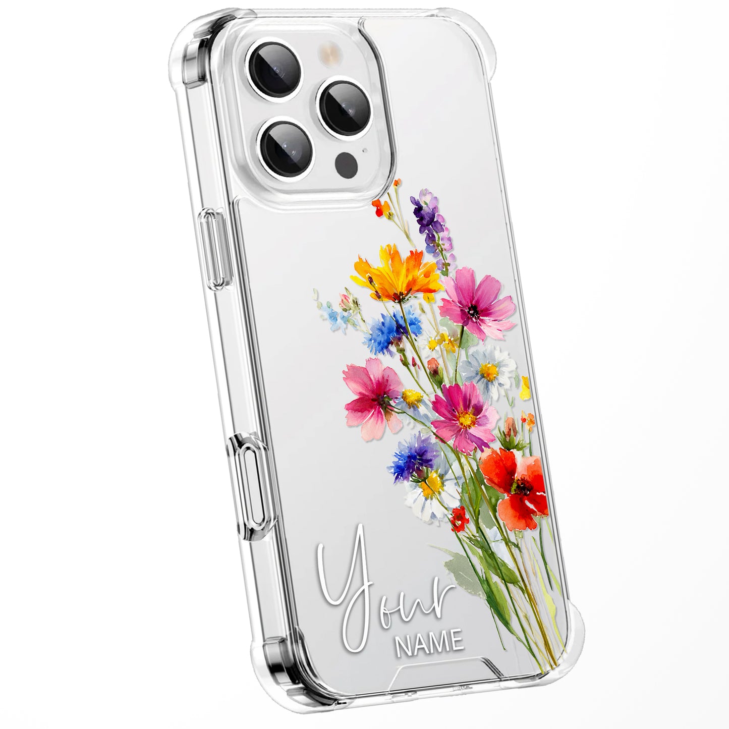 Personalised Floral Phone Case Custom Watercolour Pressed Flowers Luxury Cover, CLEAR Cover Roses iPhone 16 15 13 12 11 Plus Pro Samsung