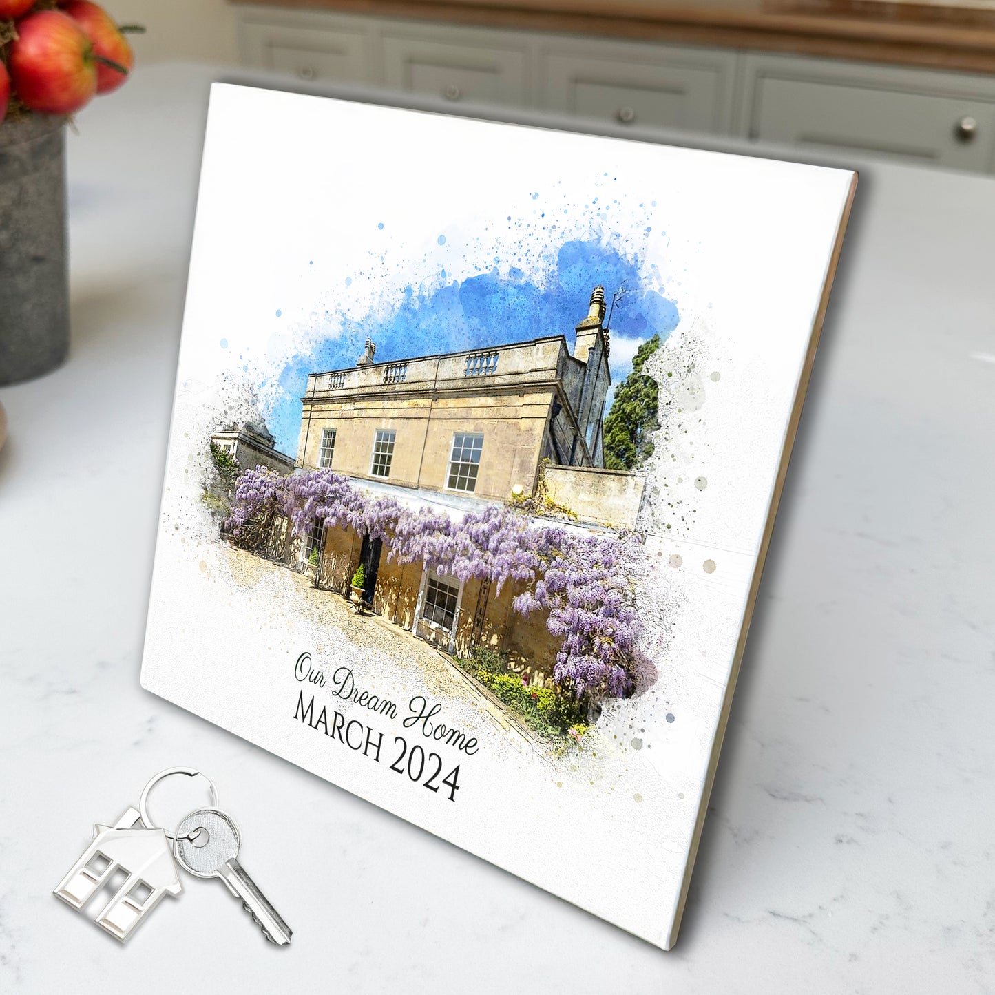 Personalised New Home / House Watercolour Style Artwork on Mounted Ceramic Tile