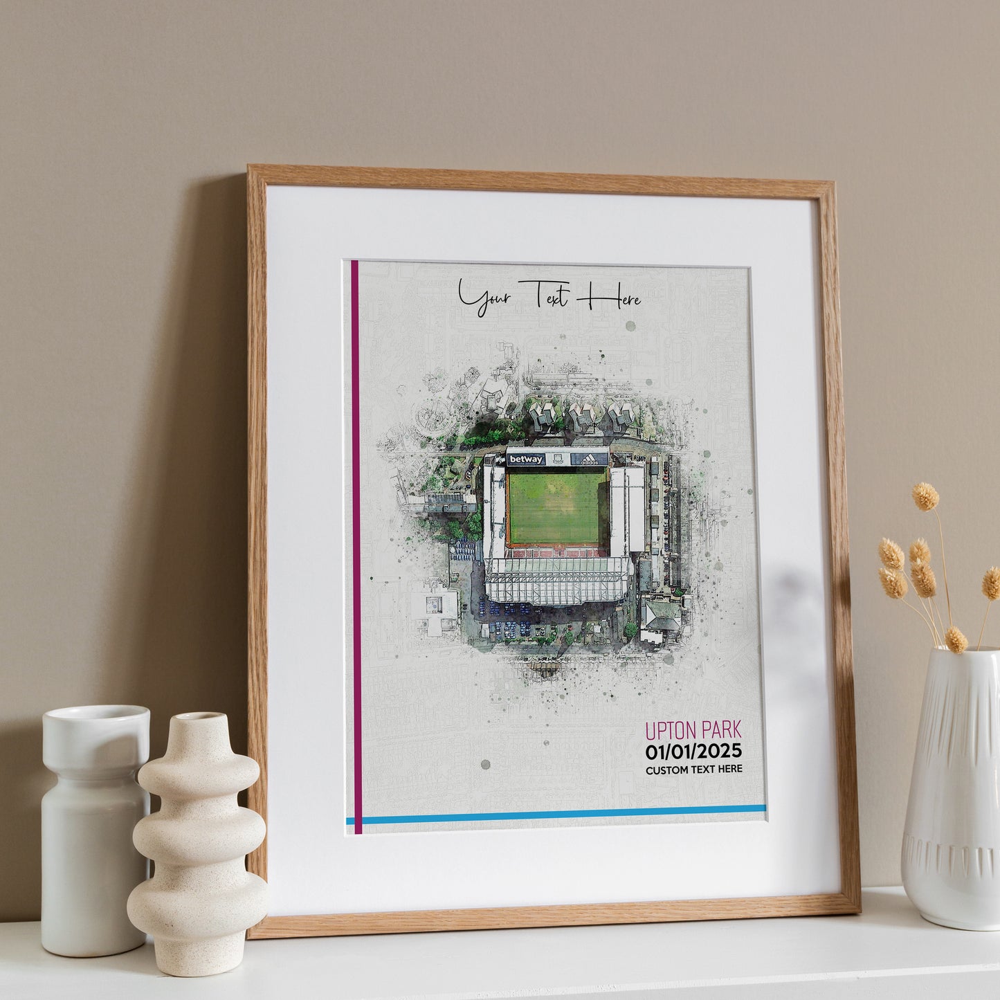 West Ham United, 'Upton Park' Football Stadium Poster Artwork, Personalised Watercolour Art Print, Custom Aerial Layout - Framing options available ANY STADIUM Worldwide.