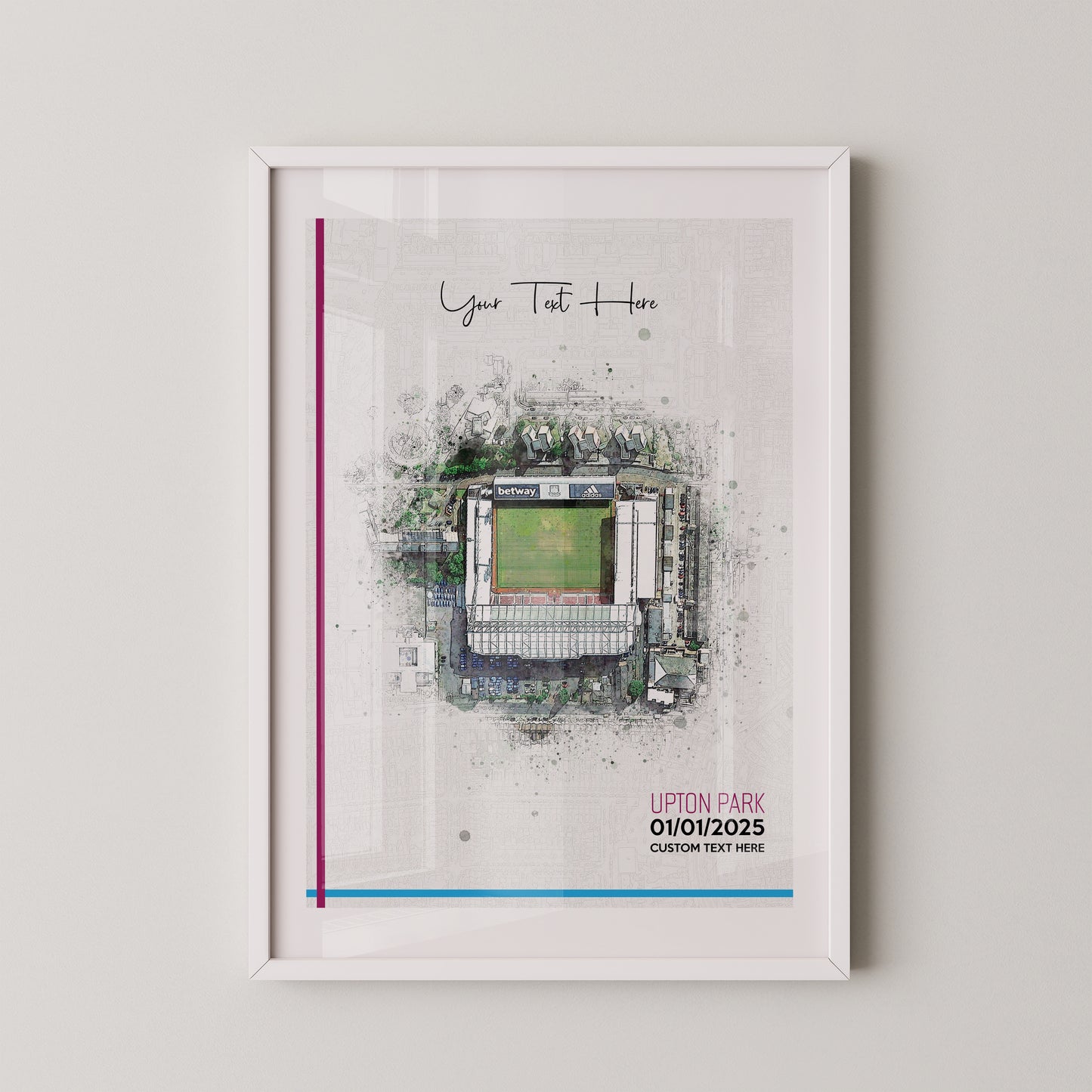 West Ham United, 'Upton Park' Football Stadium Poster Artwork, Personalised Watercolour Art Print, Custom Aerial Layout - Framing options available ANY STADIUM Worldwide.