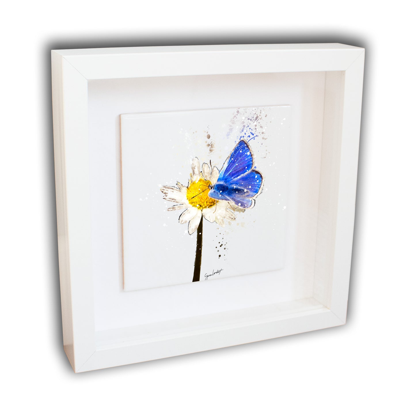 Blue Butterfly Portrait Brush Splatter Style Artwork - Framed CERAMIC TILE Art