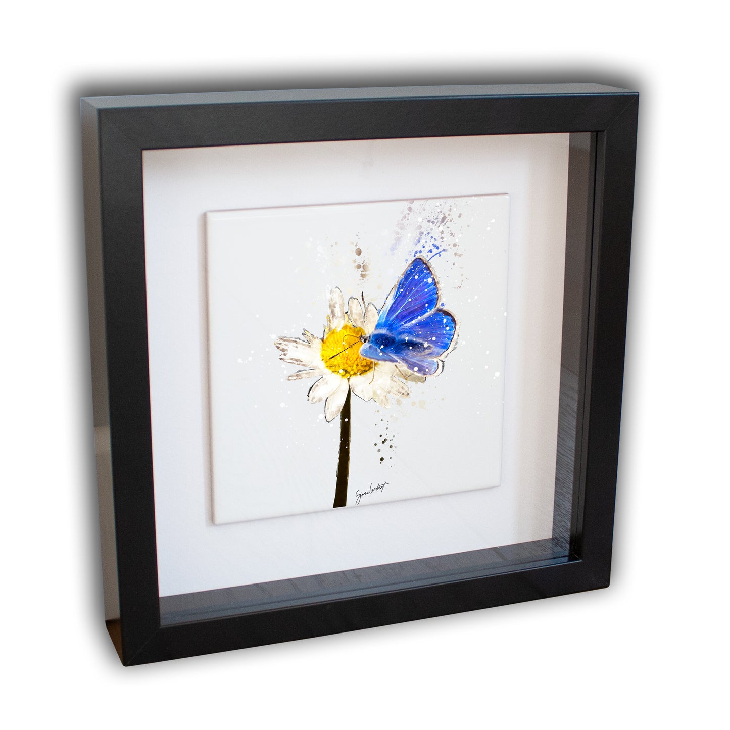 Blue Butterfly Portrait Brush Splatter Style Artwork - Framed CERAMIC TILE Art