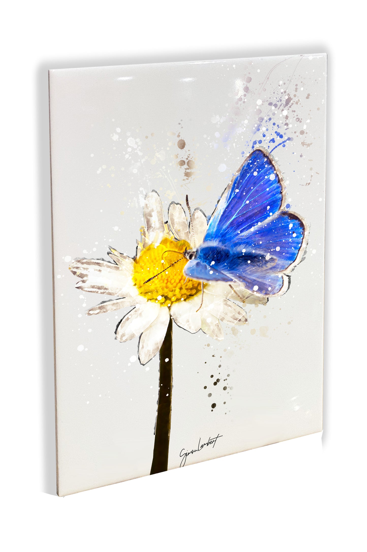 Blue Butterfly Portrait Brush Splatter Style Artwork - Framed CERAMIC TILE Art