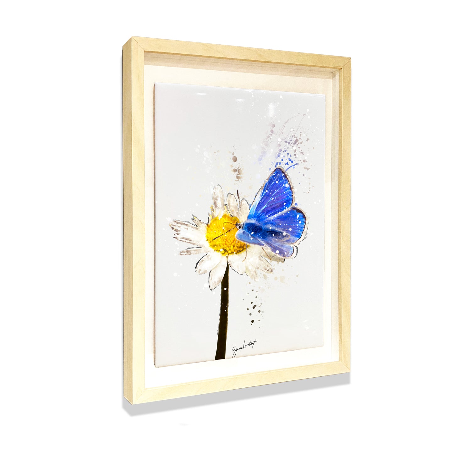 Blue Butterfly Portrait Brush Splatter Style Artwork - Framed CERAMIC TILE Art