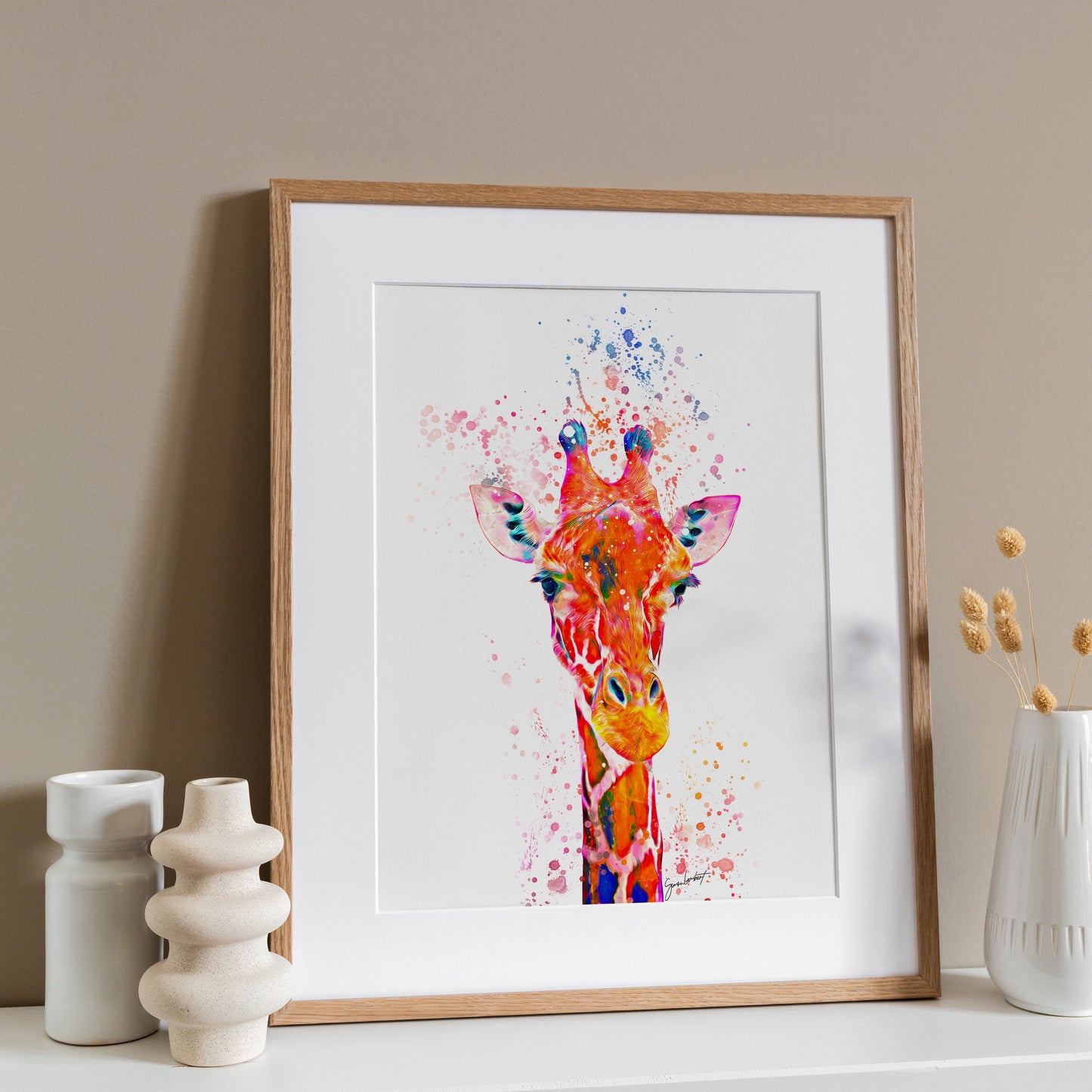 Rainbow Giraffe Portrait Splatter Style Artwork Fine Art Print (Unframed)