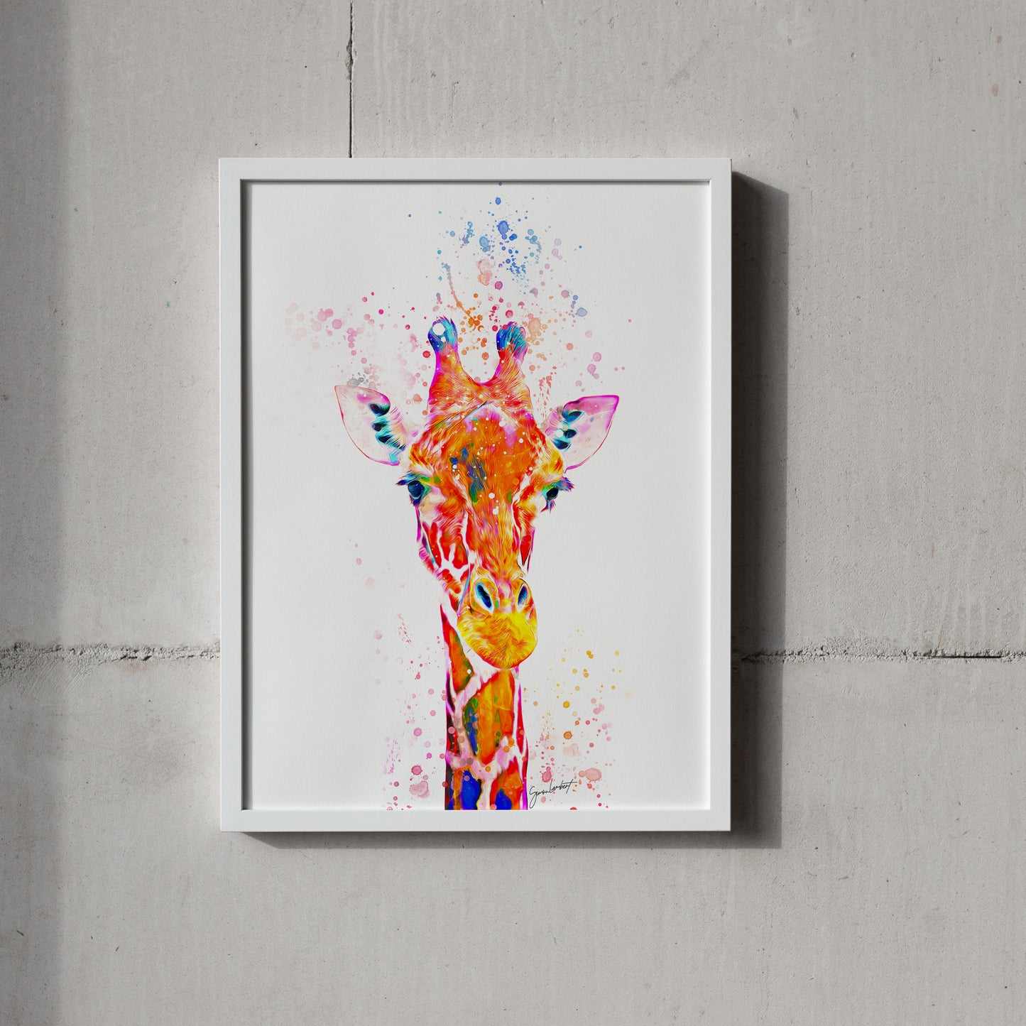 Rainbow Giraffe Portrait Splatter Style Artwork Fine Art Print (Unframed)