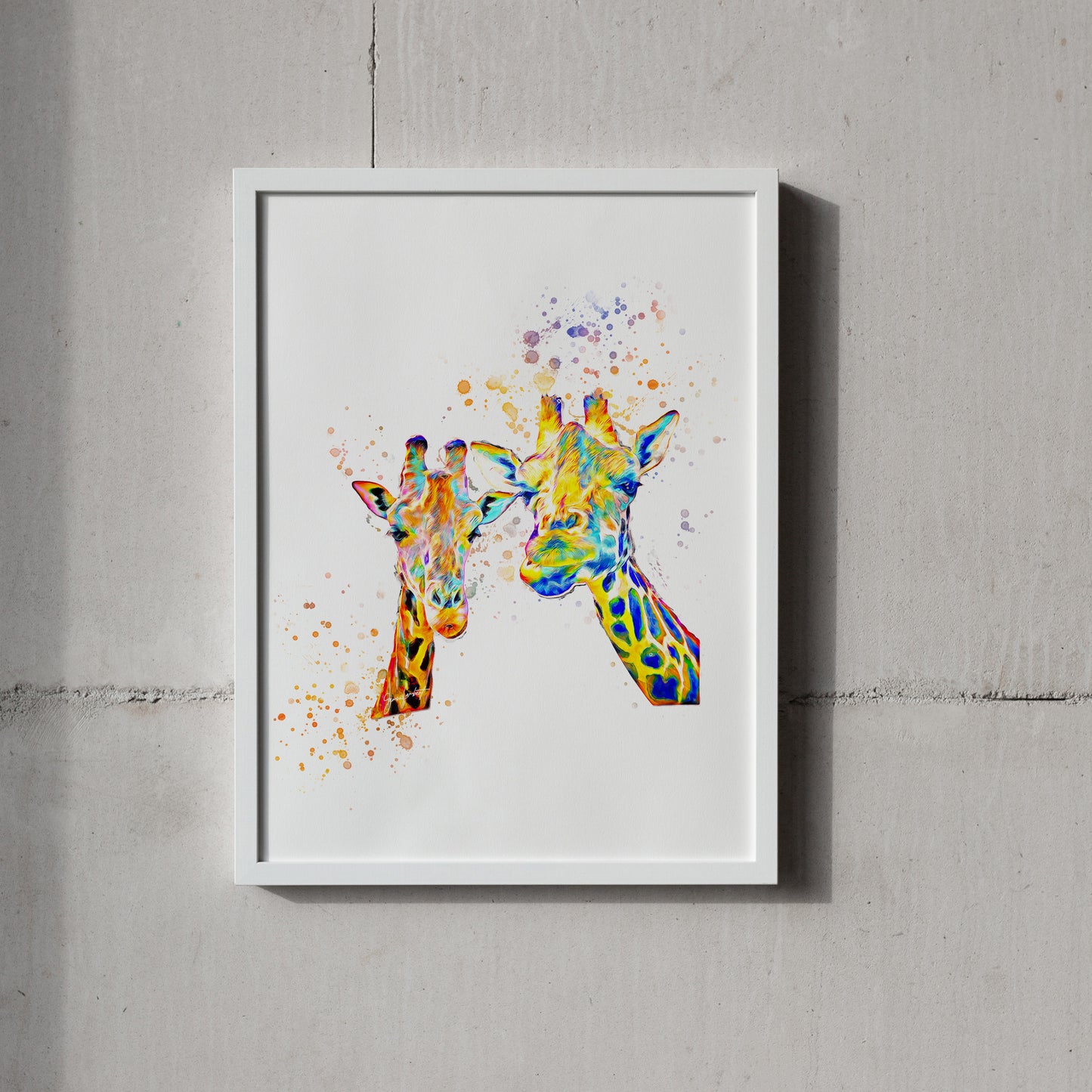 Rainbow Giraffe Portrait Splatter Style Artwork Fine Art Print (Unframed)