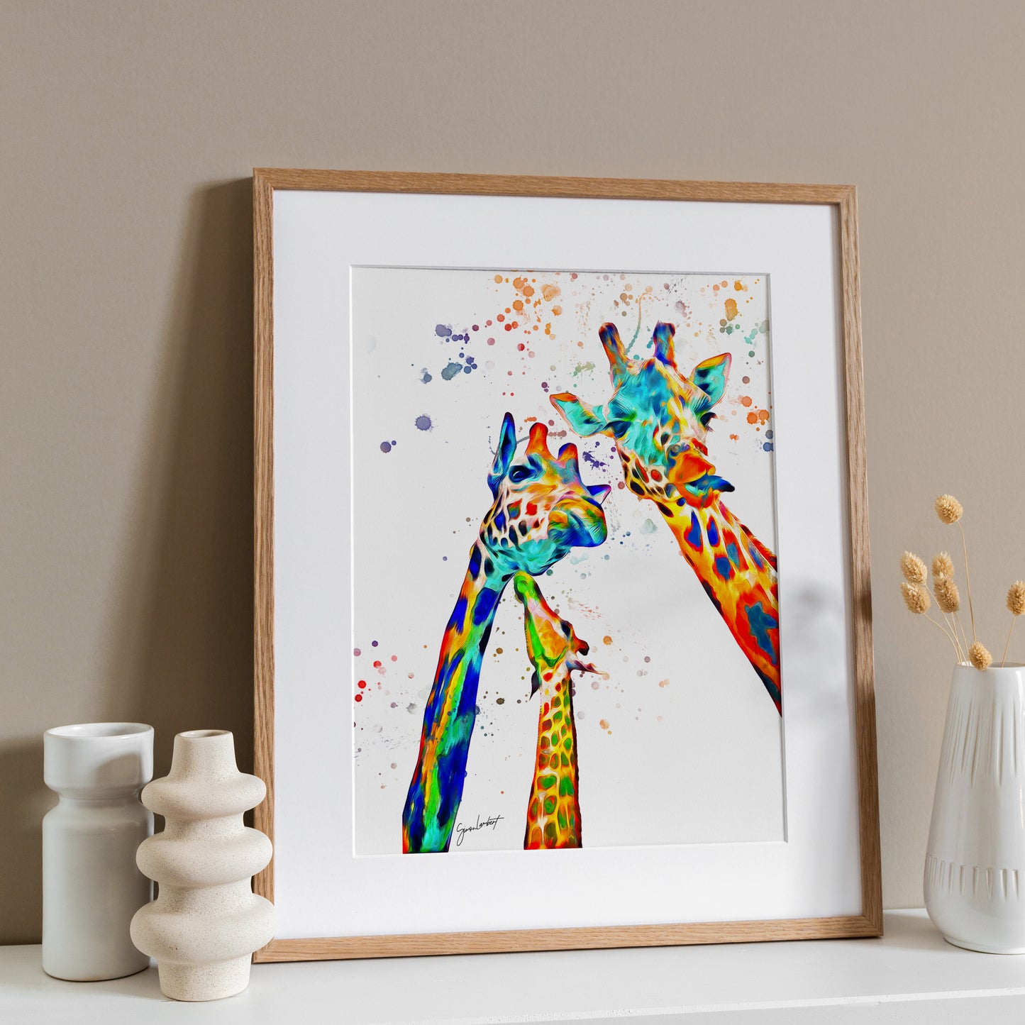 Rainbow Giraffe Portrait Splatter Style Artwork Fine Art Print (Unframed)
