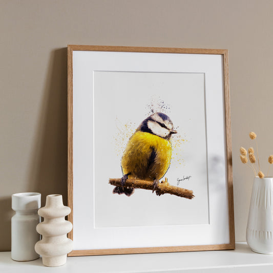 Blue Tit Bird Portrait Splatter Style Artwork Fine Art Print (Unframed)