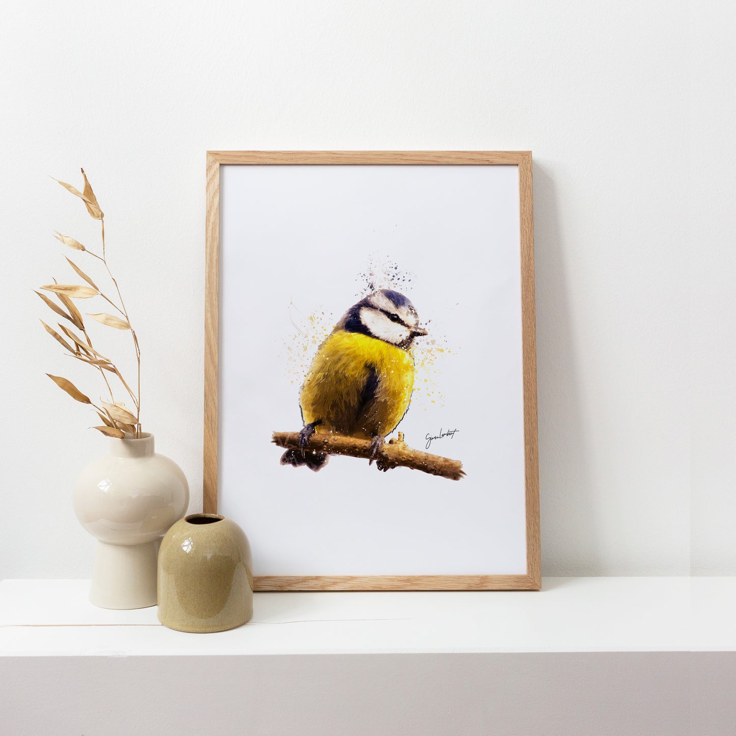 Blue Tit Bird Portrait Splatter Style Artwork Fine Art Print (Unframed)