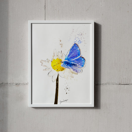 Blue Butterfly Flower Portrait Splatter Style Artwork Fine Art Print (Unframed)