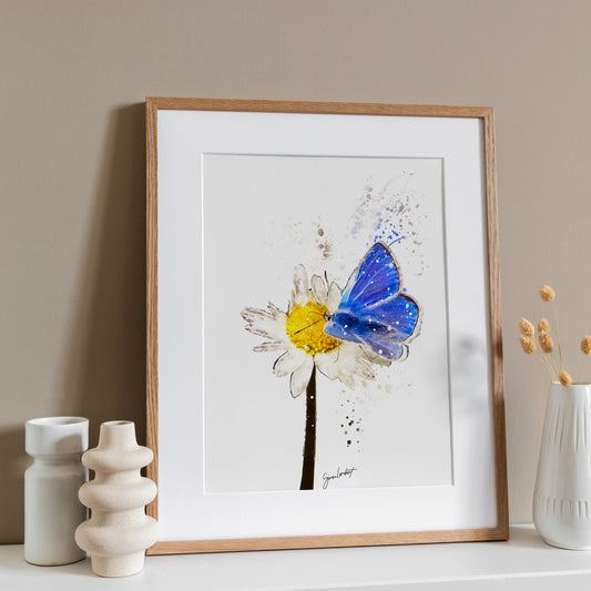 Blue Butterfly Flower Portrait Splatter Style Artwork Fine Art Print (Unframed)