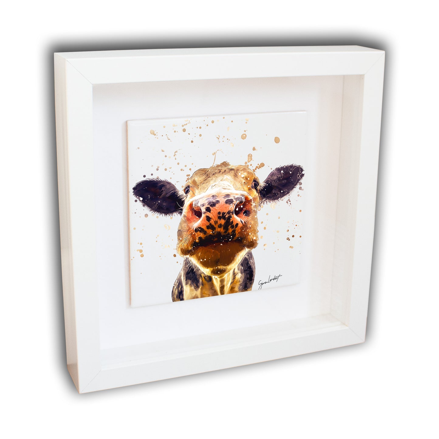 Cow Portrait Brush Splatter Style Artwork - Framed CERAMIC TILE Art