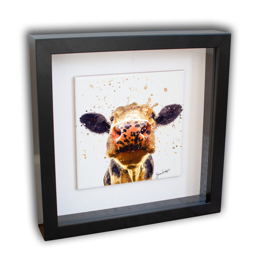 Cow Portrait Brush Splatter Style Artwork - Framed CERAMIC TILE Art