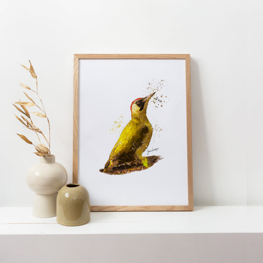Green Wood Pecker Portrait Splatter Style Artwork Fine Art Print (Unframed)