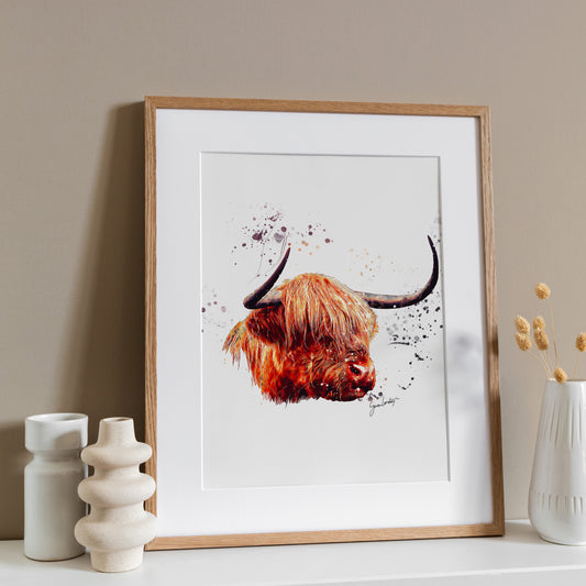Highland Cow Portrait Splatter Style Artwork Fine Art Print (Unframed)