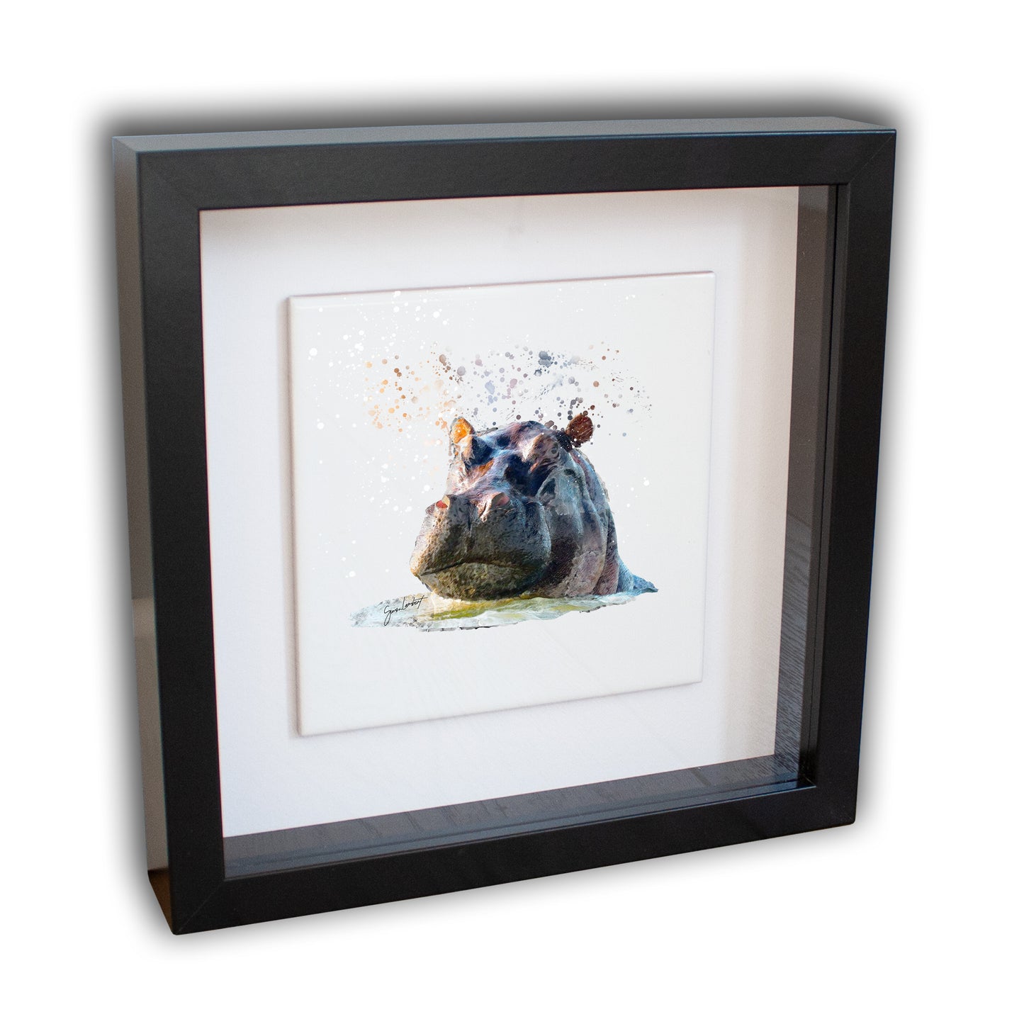 Hippo Portrait Brush Splatter Style Artwork - Framed CERAMIC TILE Art