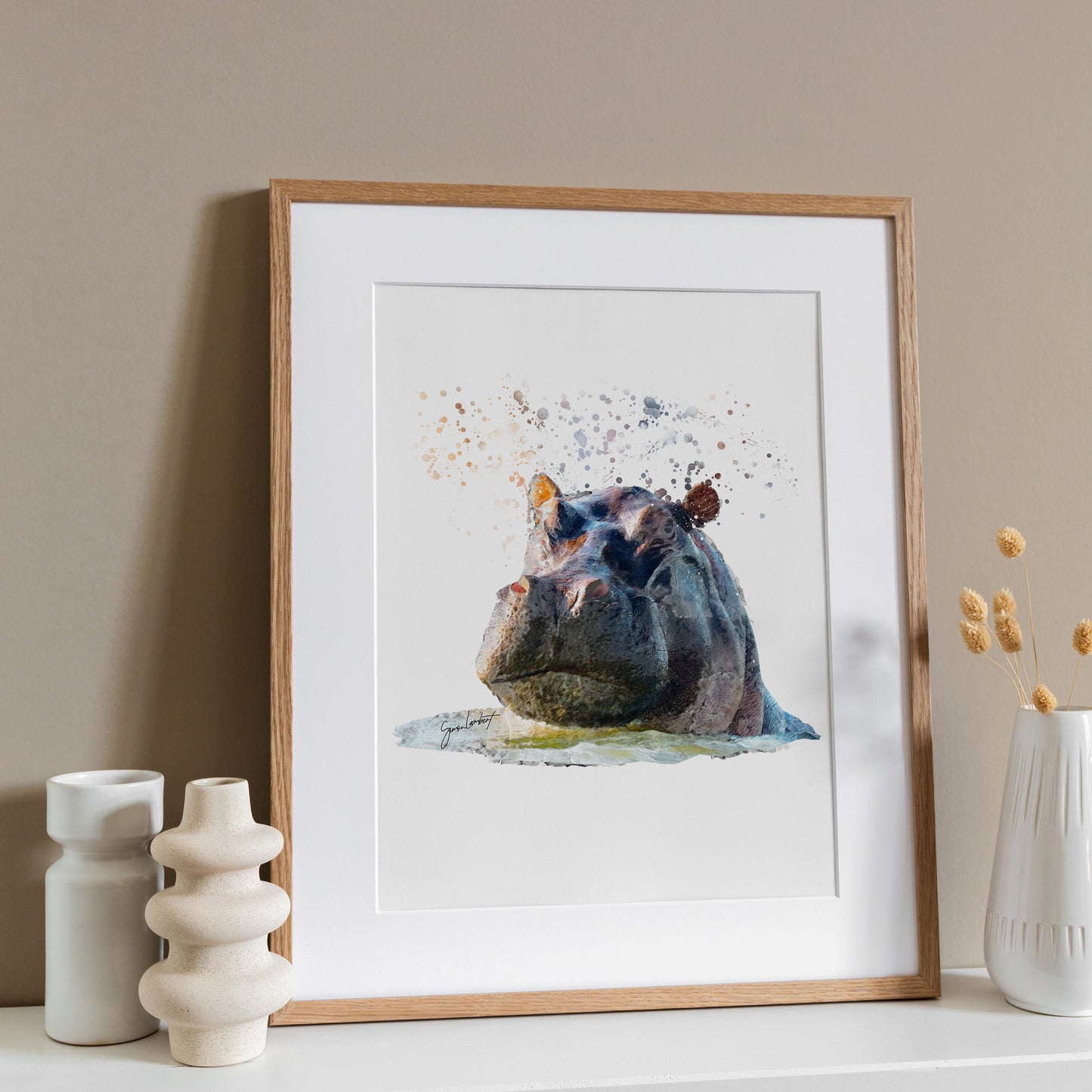 Hippo Portrait Splatter Style Artwork Fine Art Print (Unframed)