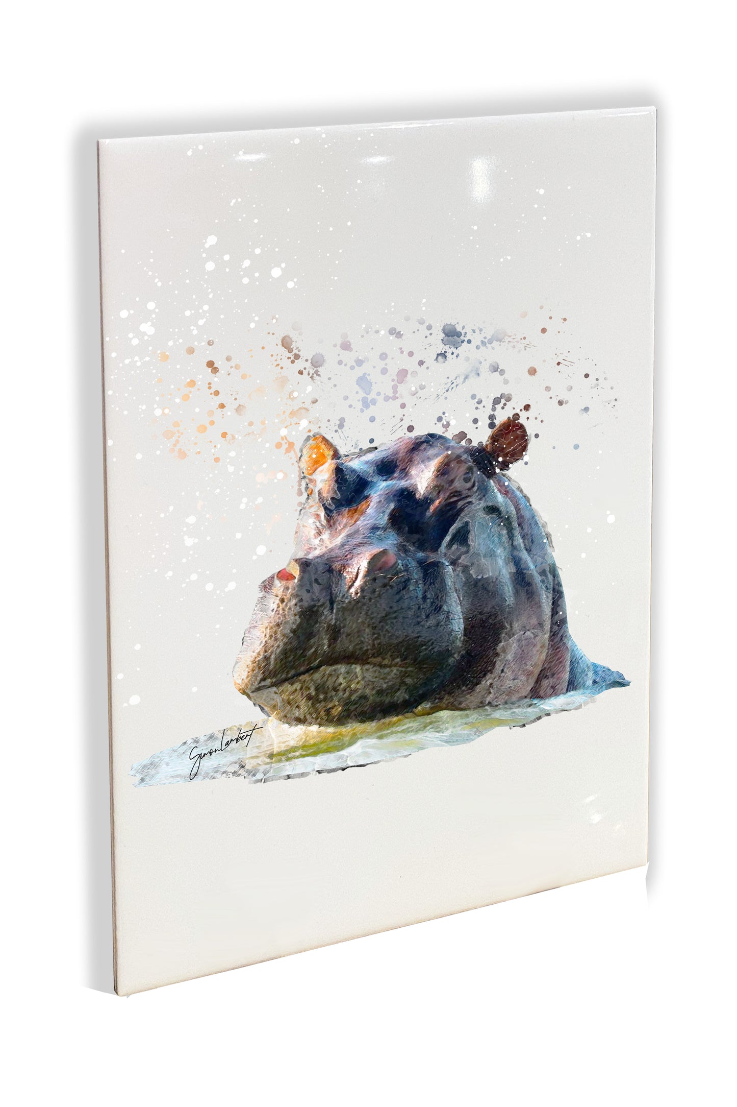 Hippo Portrait Brush Splatter Style Artwork - Framed CERAMIC TILE Art