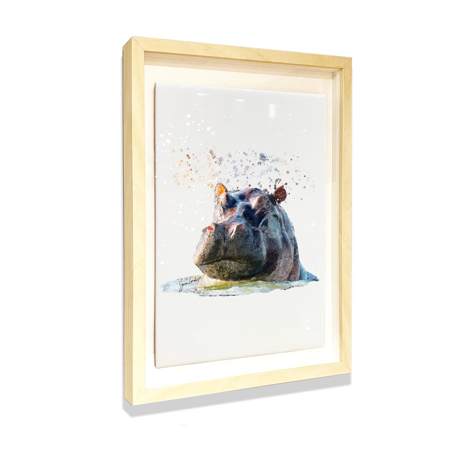 Hippo Portrait Brush Splatter Style Artwork - Framed CERAMIC TILE Art