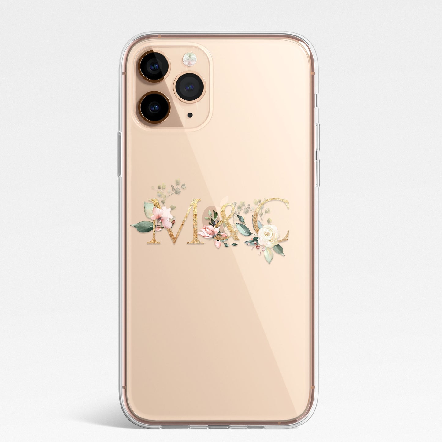 Personalised Monogram Custom Silicone CLEAR Phone Case Cover Floral Flowers English Roses Gold iPhone 11 XS XR Max Plus Pro Samsung Galaxy