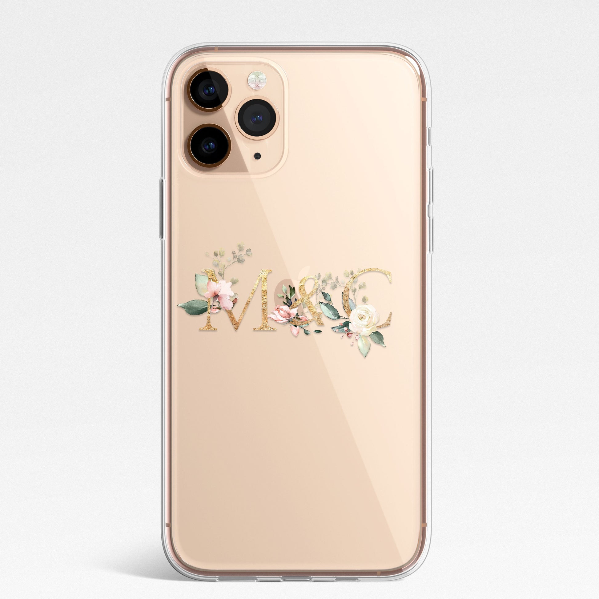 Personalised Monogram Custom Silicone CLEAR Phone Case Cover Floral Flowers English Roses Gold iPhone 11 XS XR Max Plus Pro Samsung Galaxy