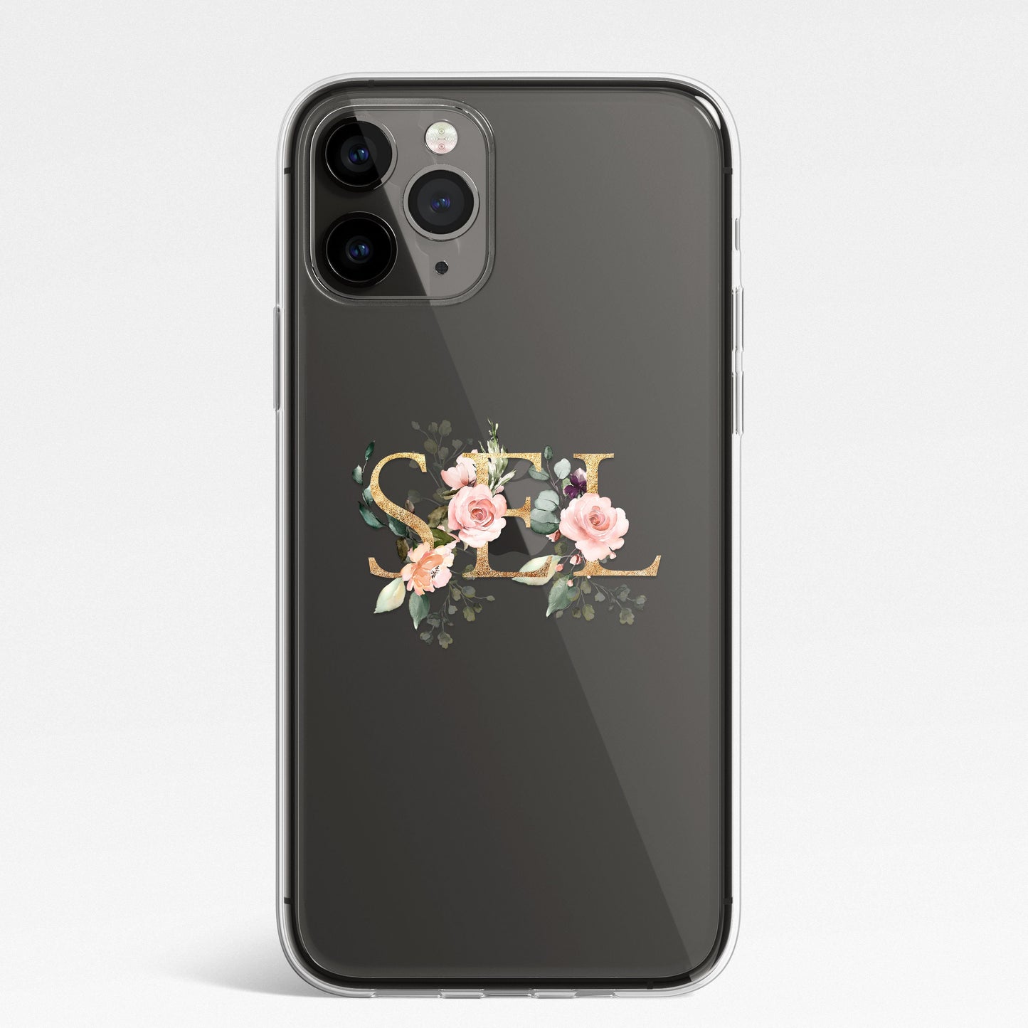 Personalised Monogram Custom Silicone CLEAR Phone Case Cover Floral Flowers English Roses Gold iPhone 11 XS XR Max Plus Pro Samsung Galaxy