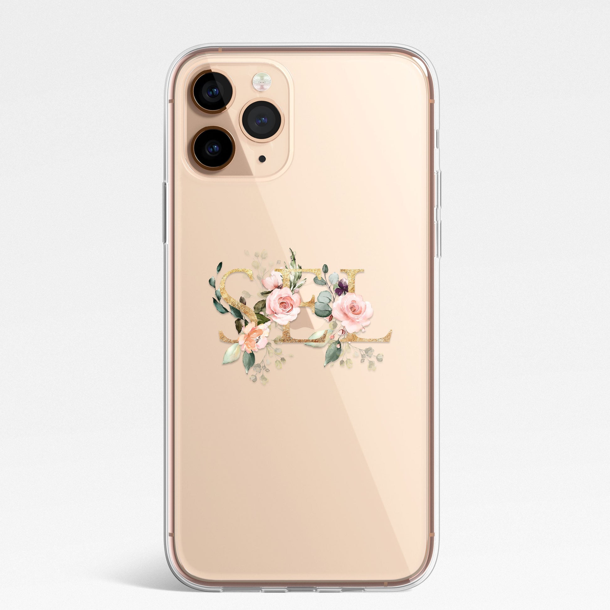 Personalised Monogram Custom Silicone CLEAR Phone Case Cover Floral Flowers English Roses Gold iPhone 11 XS XR Max Plus Pro Samsung Galaxy