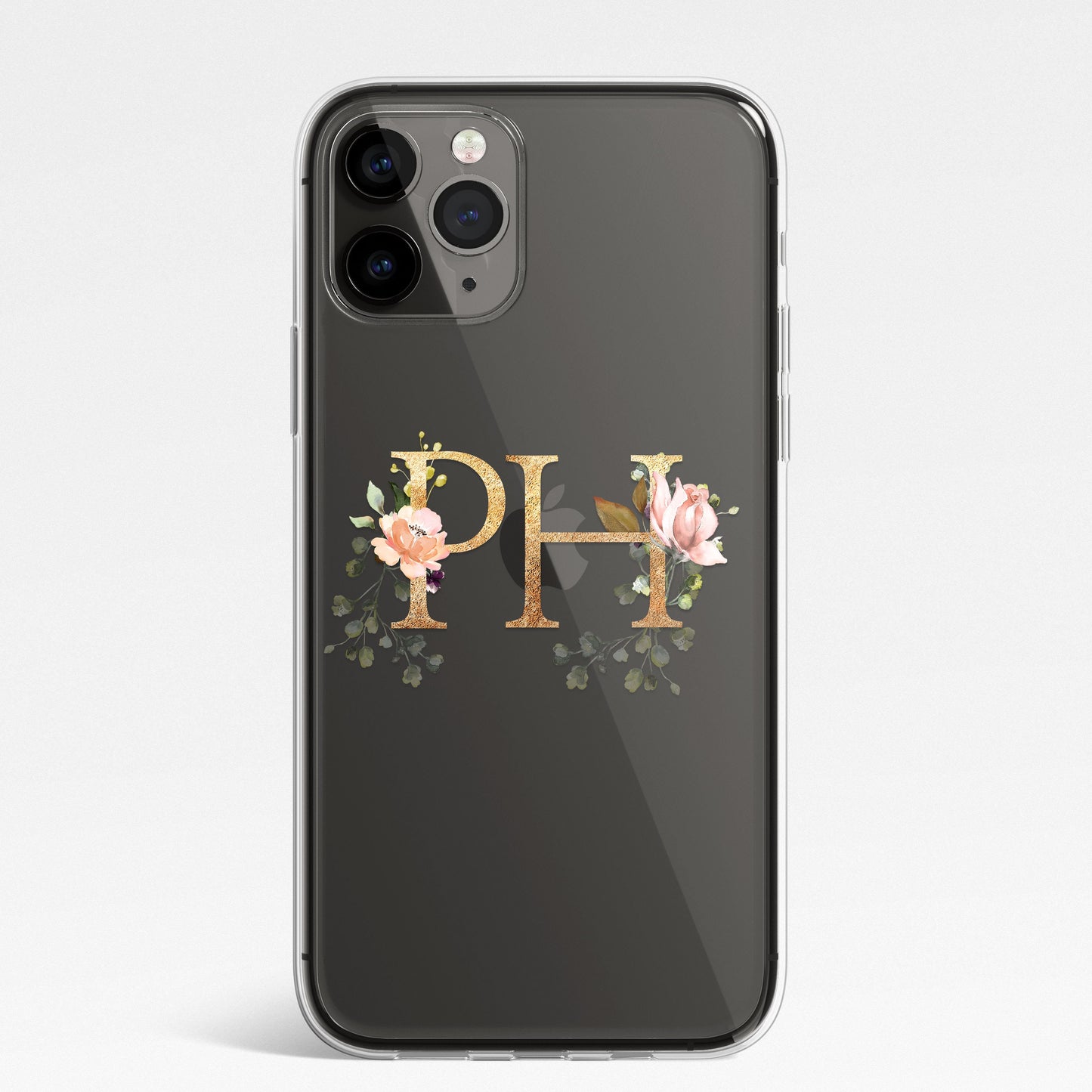 Personalised Monogram Custom Silicone CLEAR Phone Case Cover Floral Flowers English Roses Gold iPhone 11 XS XR Max Plus Pro Samsung Galaxy