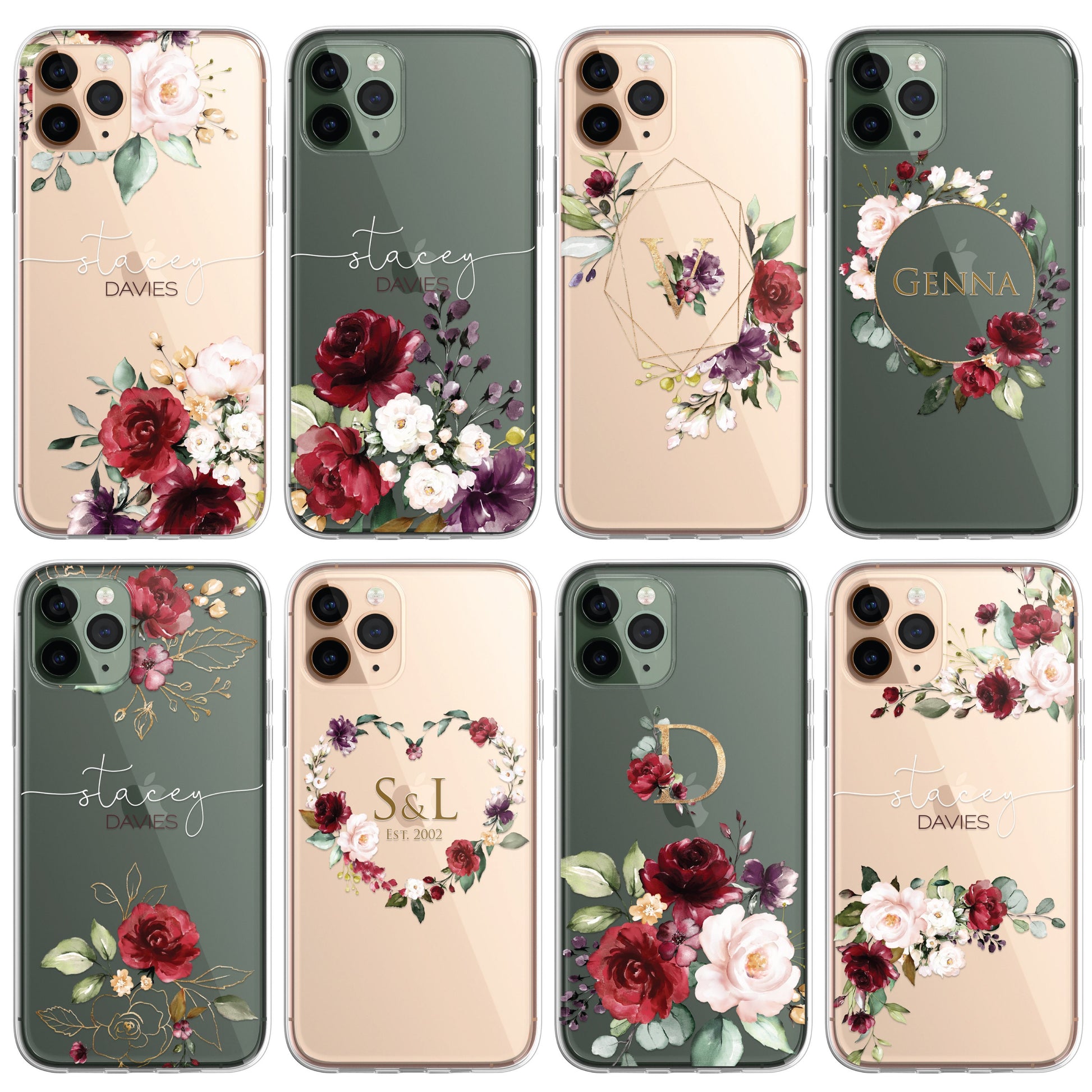 Floral Custom Phone Case Cover in CLEAR Silicone with Personalised Initials Name RED Floral Flower Design for iPhone & Samsung Galaxy
