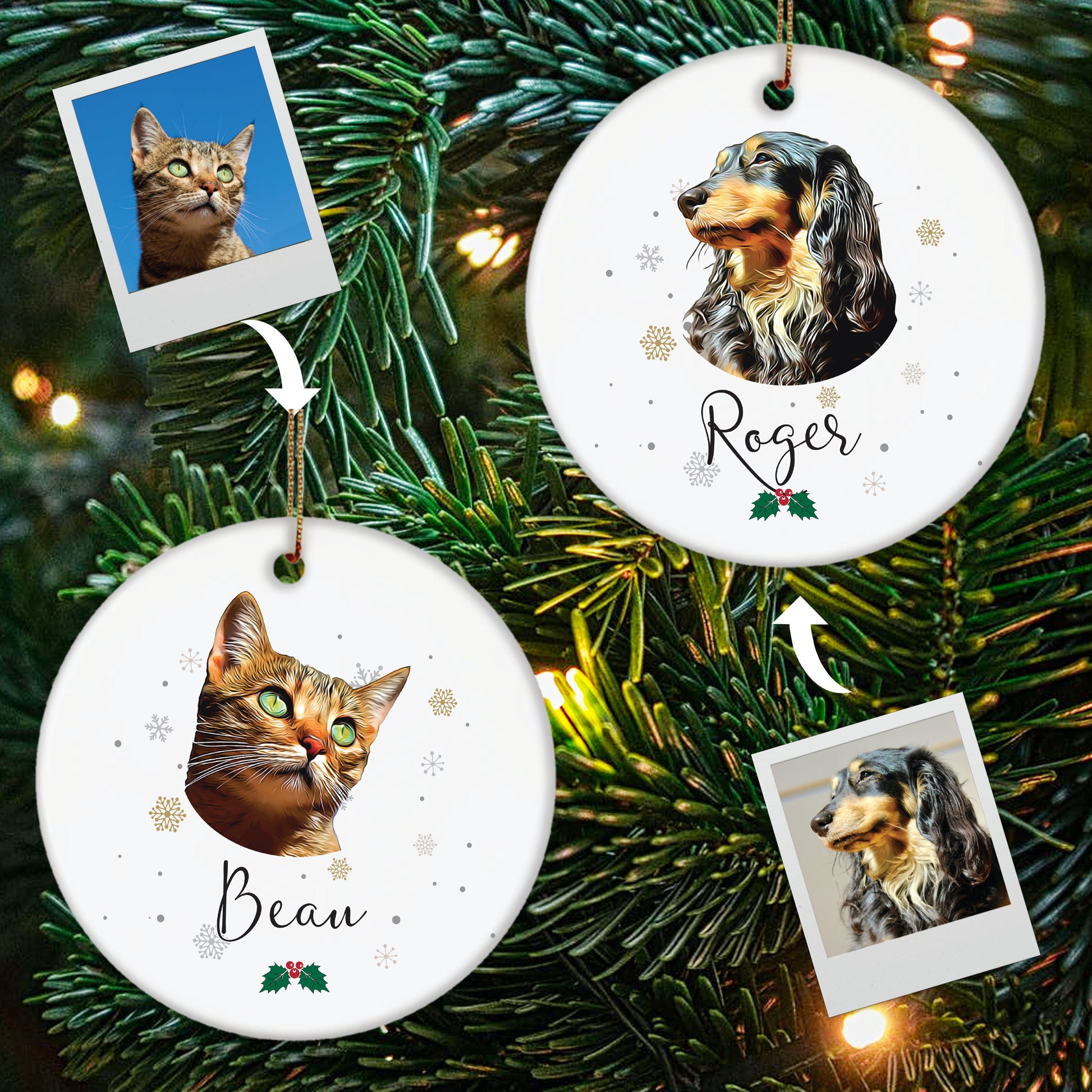 Personalised Pet Portrait Christmas Decoration - Dog Cat Custom Xmas Ceramic Disc Keepsake - TWO Sided Print option.