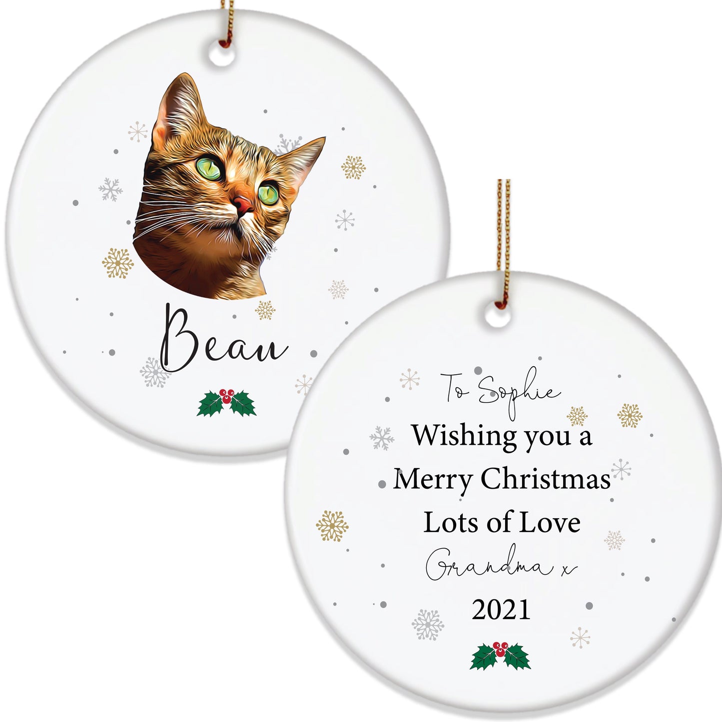Personalised Pet Portrait Christmas Decoration - Dog Cat Custom Xmas Ceramic Disc Keepsake - TWO Sided Print option.