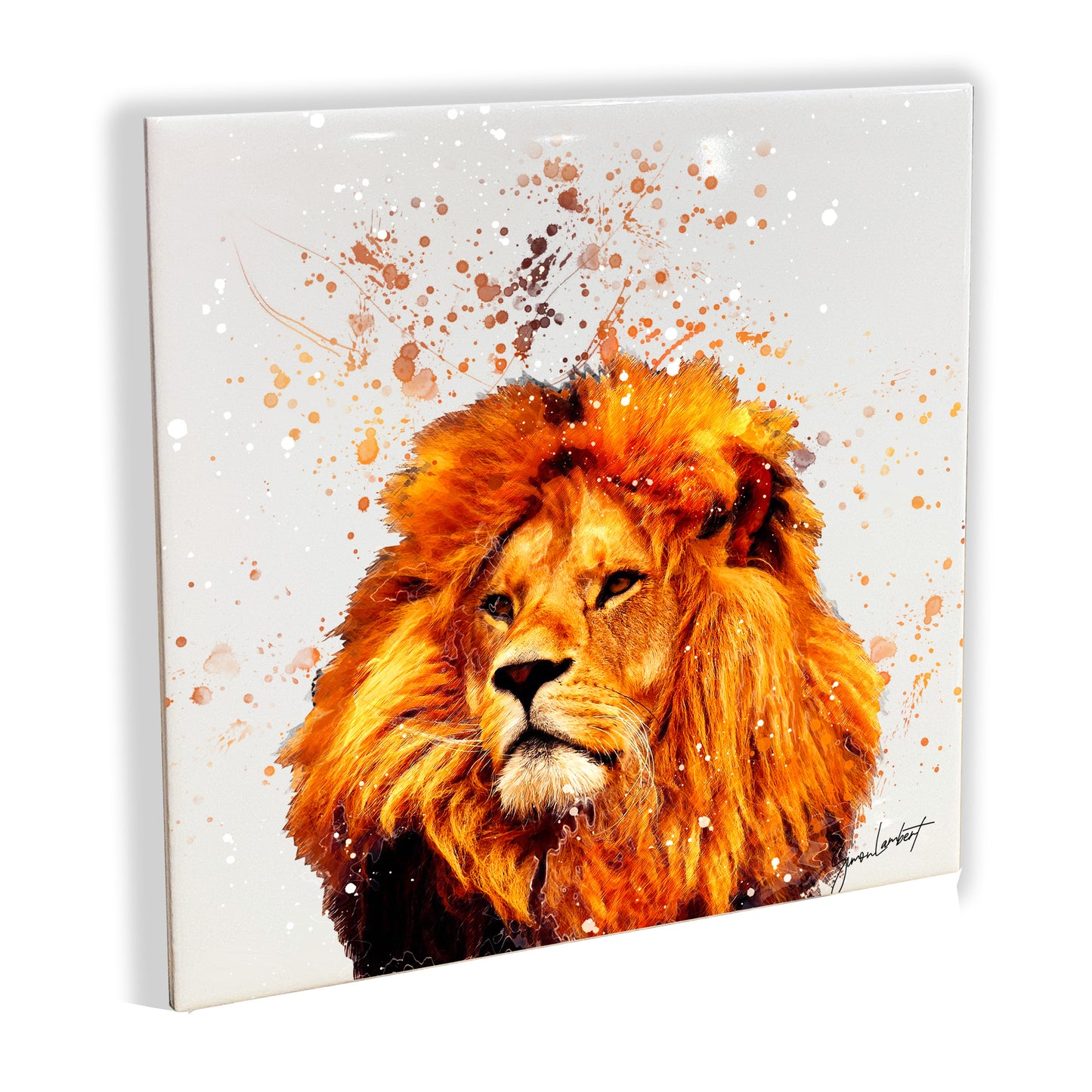 Lion Portrait Brush Splatter Style Artwork - Framed CERAMIC TILE Art