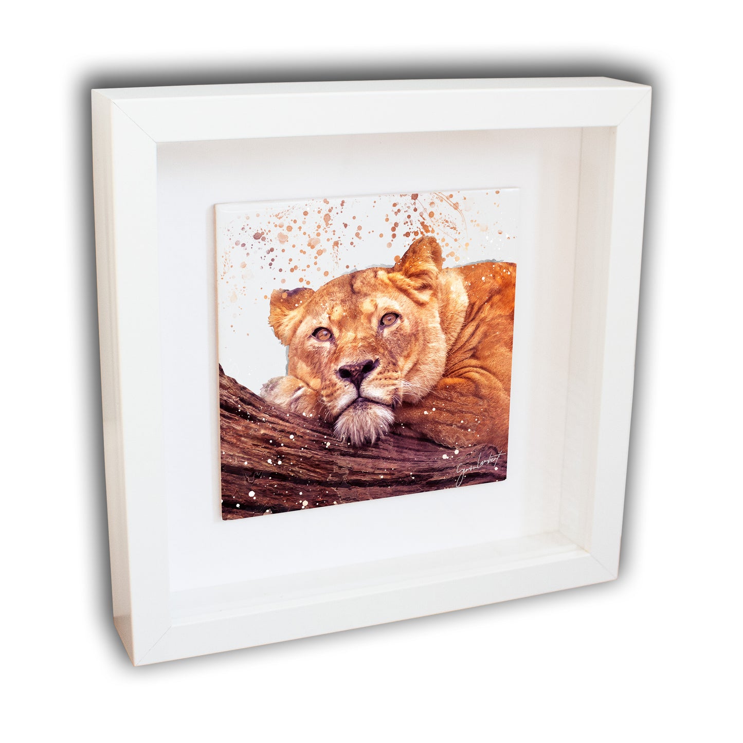 Lioness Portrait Brush Splatter Style Artwork - Framed CERAMIC TILE Art
