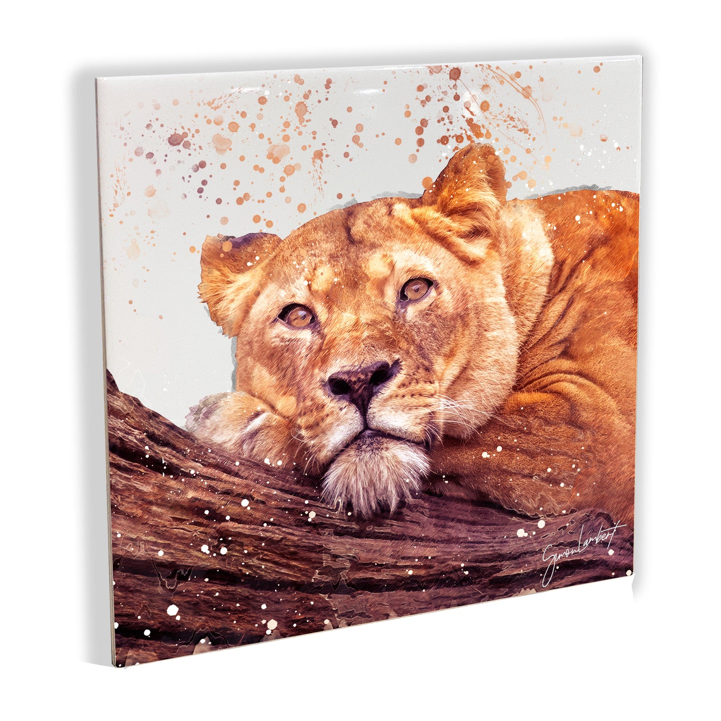 Lioness Portrait Brush Splatter Style Artwork - Framed CERAMIC TILE Art