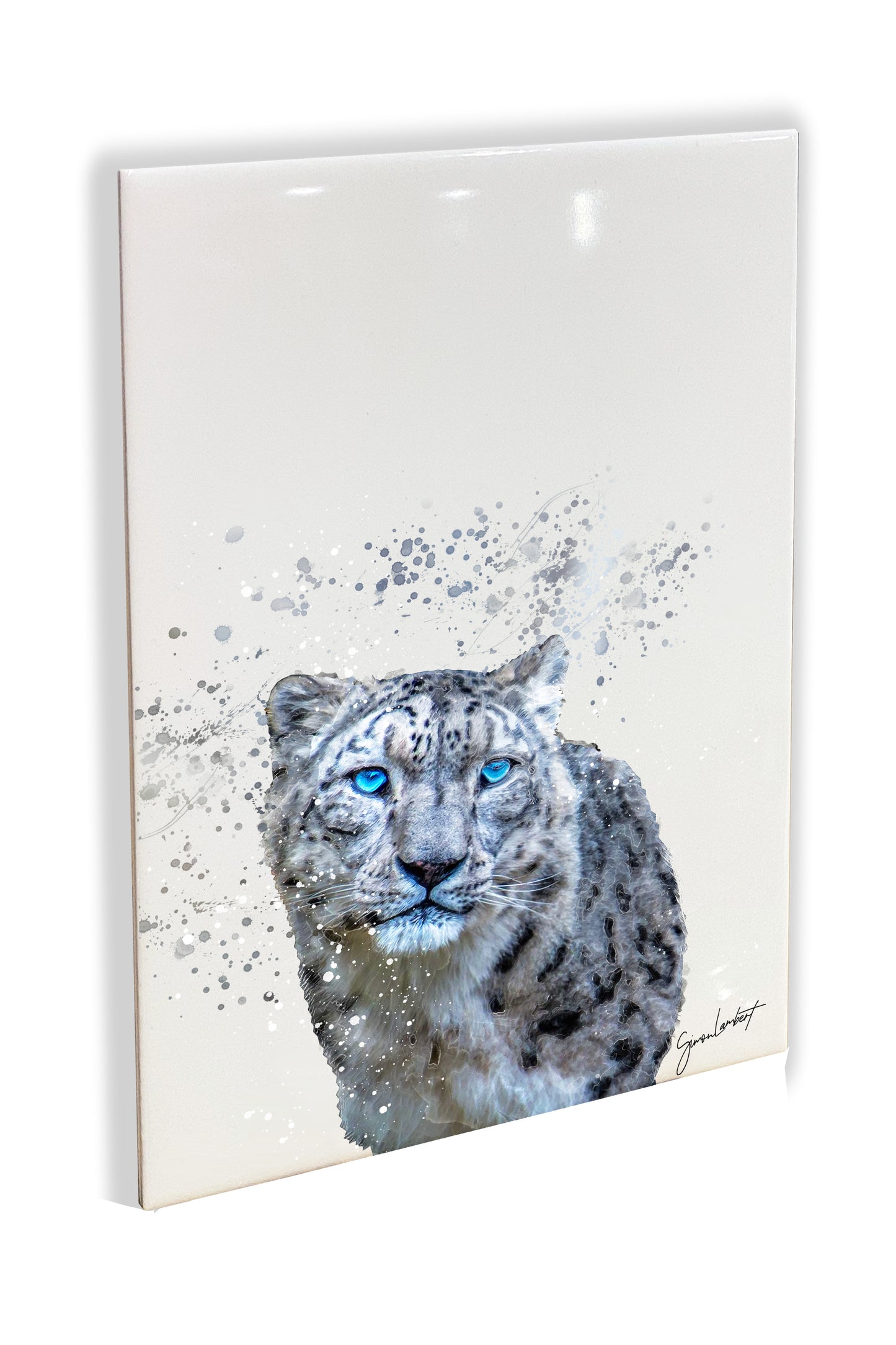 Snow Leopard Portrait Brush Splatter Style Artwork - Framed CERAMIC TILE Art