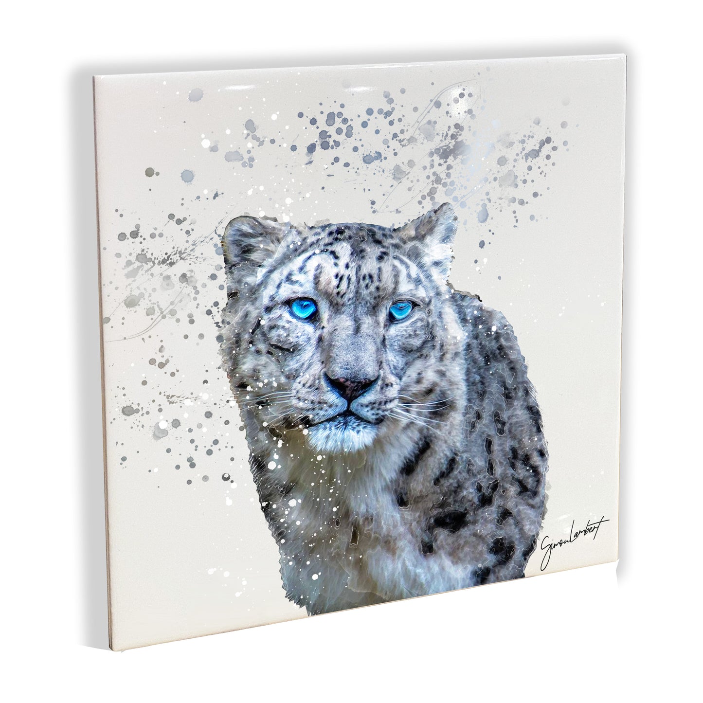 Snow Leopard Portrait Brush Splatter Style Artwork - Framed CERAMIC TILE Art