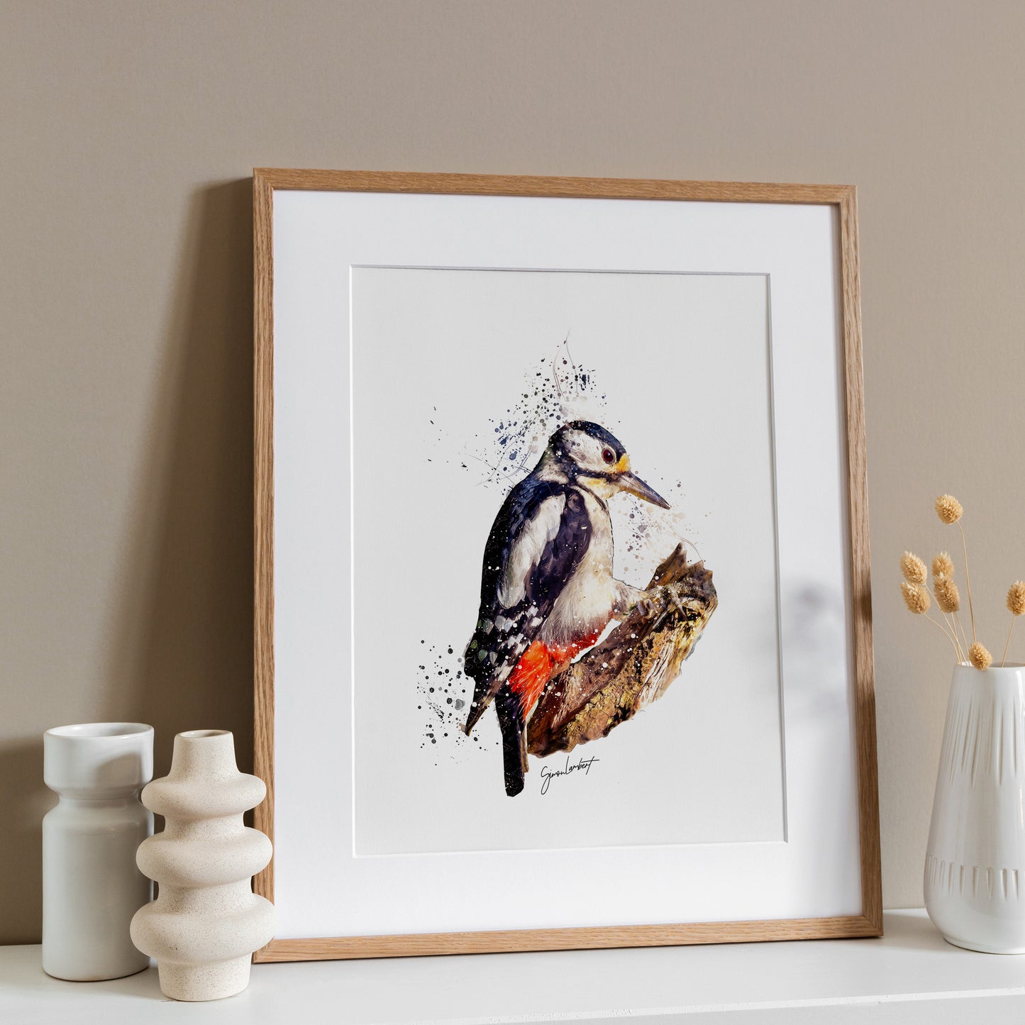Spotted Wood Pecker Portrait Splatter Style Artwork Fine Art Print (Unframed)