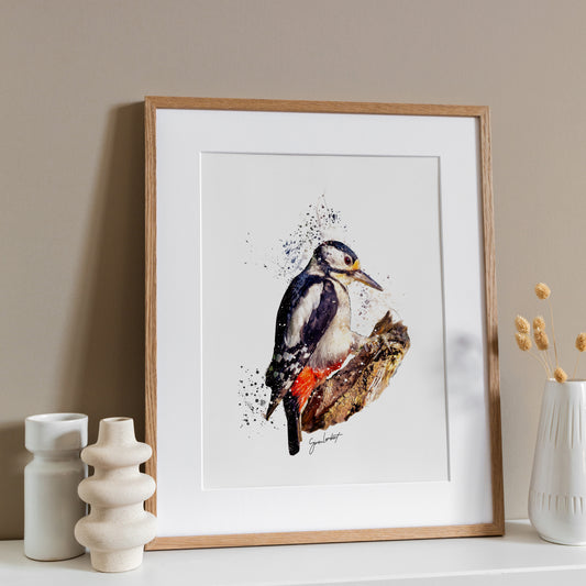 Spotted Wood Pecker Portrait Splatter Style Artwork Fine Art Print (Unframed)