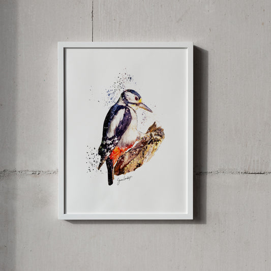 Spotted Wood Pecker Portrait Splatter Style Artwork Fine Art Print (Unframed)