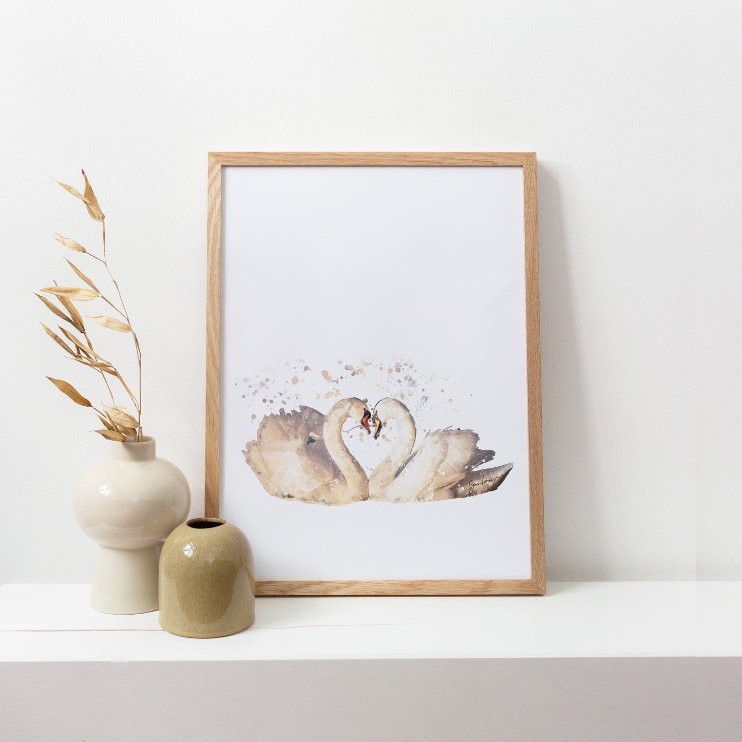 Swan Couple Portrait Splatter Style Artwork Fine Art Print (Unframed)